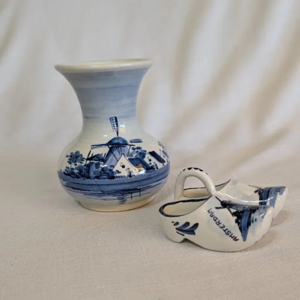 Vintage Bud Vase and Shoes / Clogs by Delft of Holland